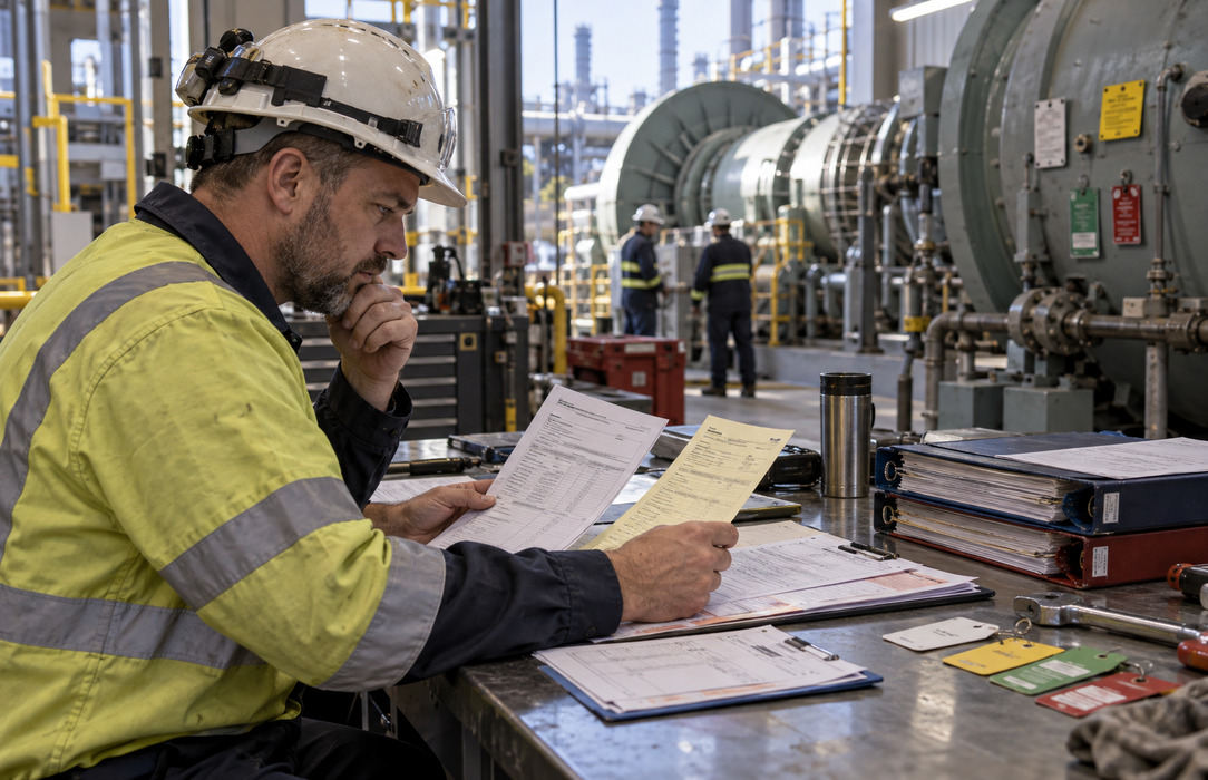 A utility maintenance planner compares inconsistent work orders and records beside generation equipment.