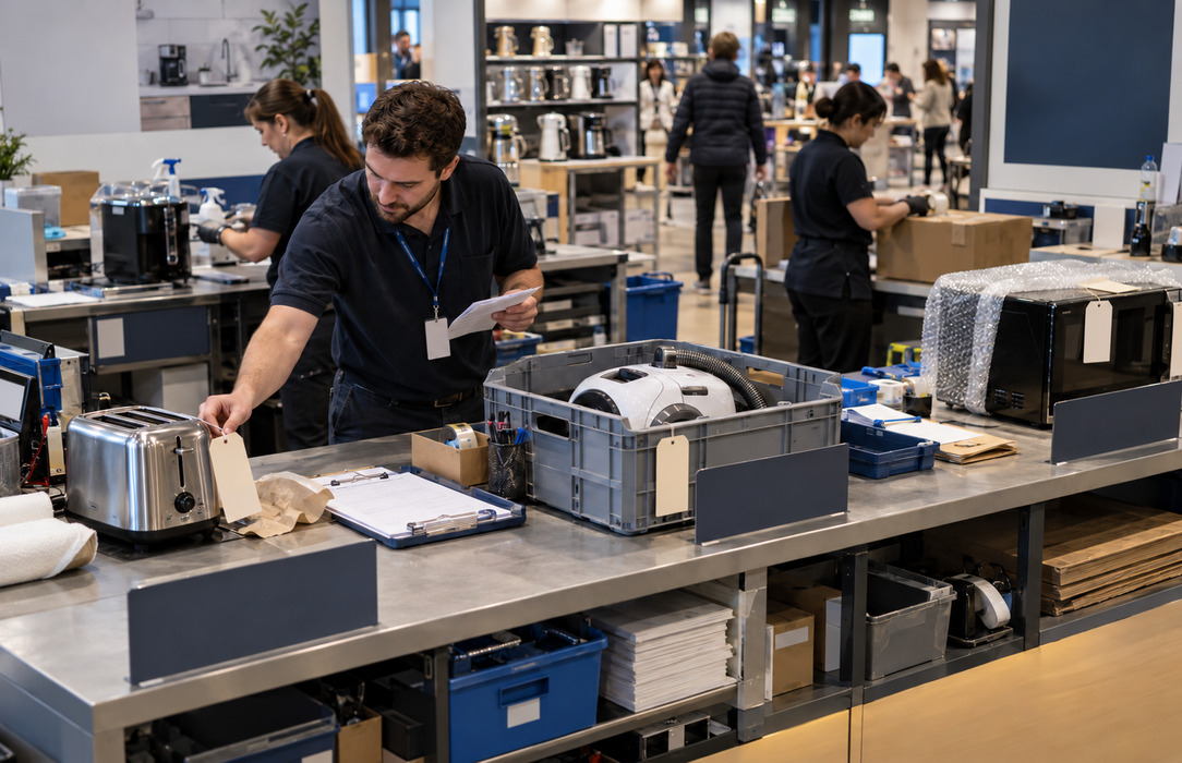 Retail service employee managing returned appliances across separate intake, inspection and dispatch stations.