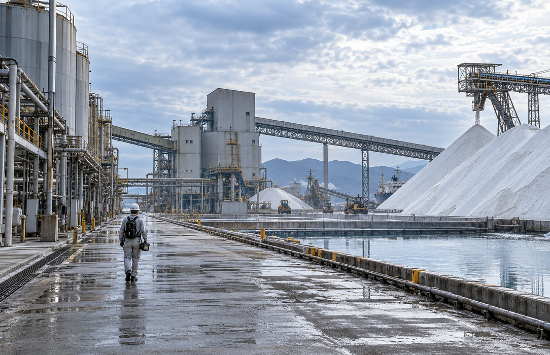 A field engineer walks through a large salt production site with distant processing buildings, conveyors and storage areas, illustrating the challenge of sitewide wireless coverage