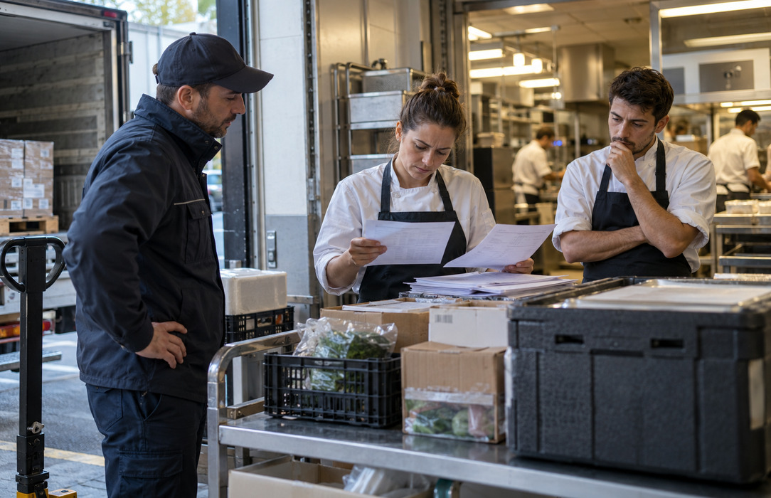 Restaurant receiving staff wait beside a delayed foodservice delivery while paper invoices are checked at the back-of-house entrance.