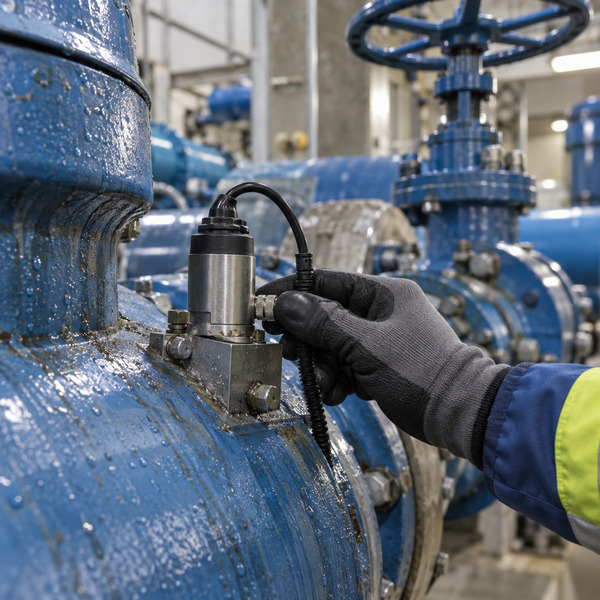 Utility technician connecting an industrial edge gateway to monitoring equipment at an electrical substation.