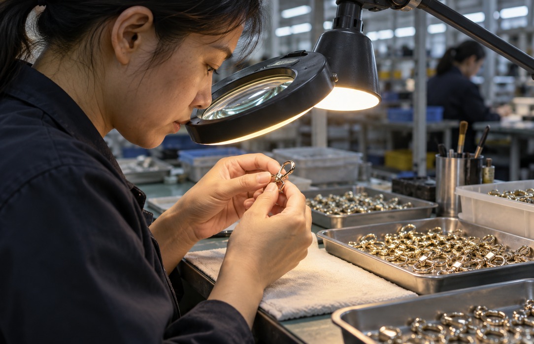 Inspector manually examining a small polished metal clasp under a magnifying task light beside trays of components awaiting quality control.