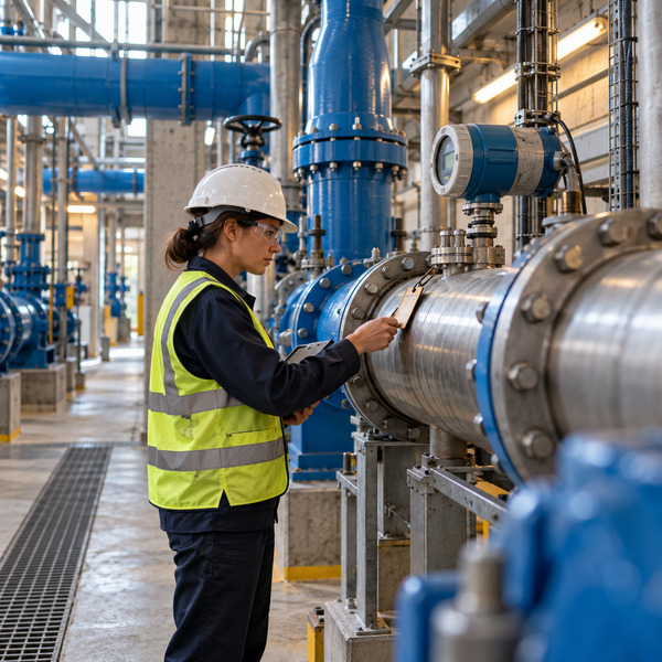 Water utility engineer examining a flow meter among pumps, valves and large treatment-plant pipes.