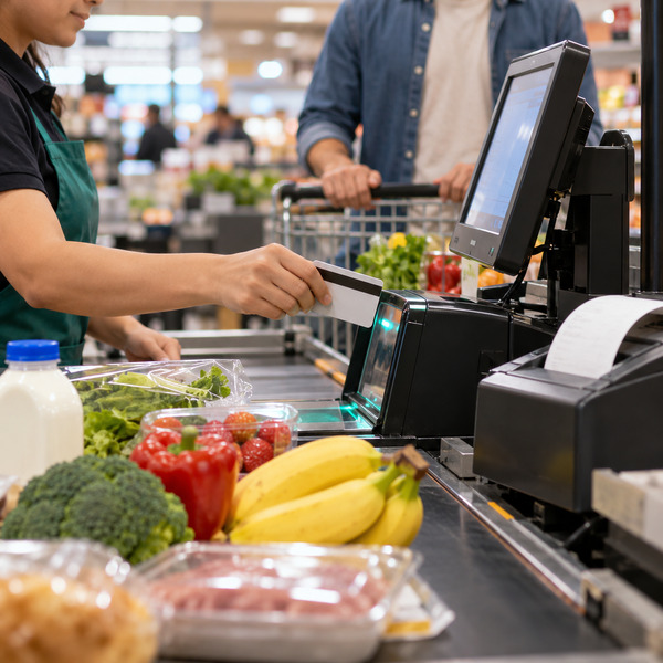 A cashier scans an unbranded loyalty card as groceries move through a supermarket checkout.