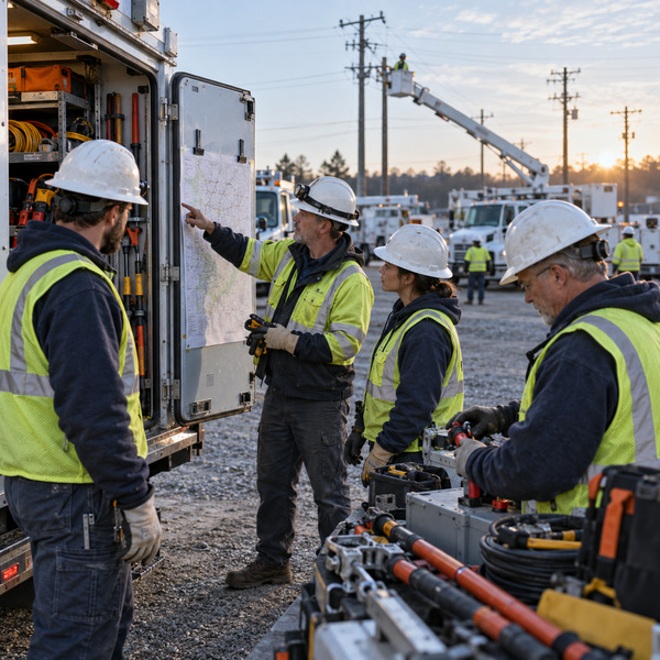 A utility maintenance crew coordinates beside a service vehicle loaded with insulated tools, with distribution infrastructure visible behind them.