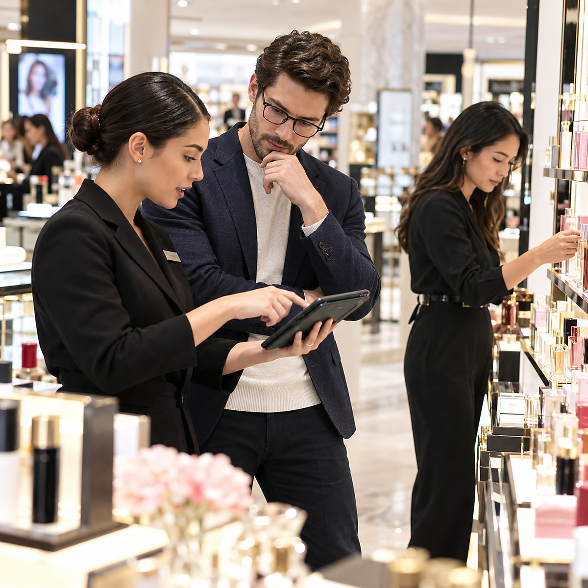 Cross-functional retail team testing a digital shopping flow beside a beauty display in a department store.