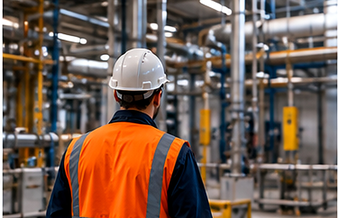 Worker moves through a dense industrial process area with pipes, equipment and defined safety routes that must work with existing infrastructure.
