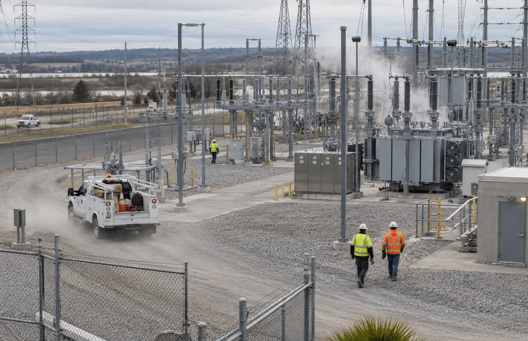 Maintenance activities, vehicles and equipment create a complex scene inside an electrical substation.