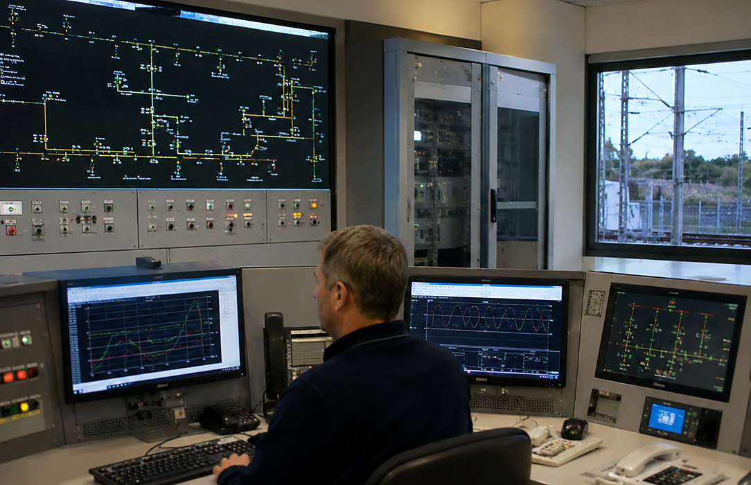 Operator monitors a transmission control room with legacy panels, one-line diagrams and multiple industrial displays supporting an always-on OT environment.