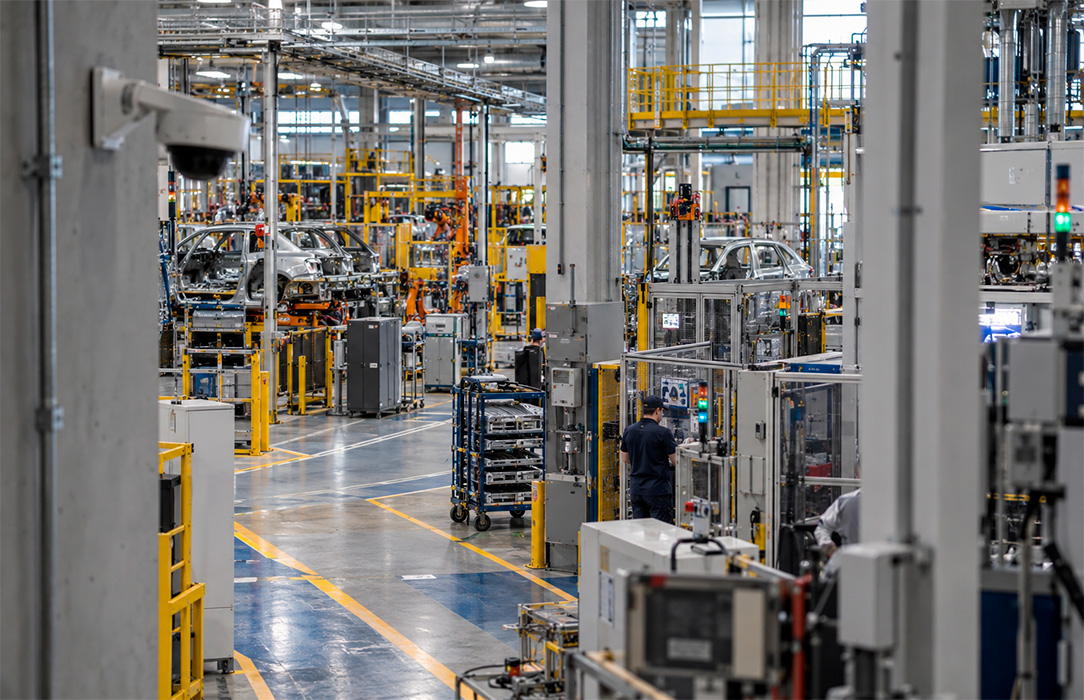 Complex vehicle assembly area where columns and production equipment obstruct the view from a fixed surveillance camera.