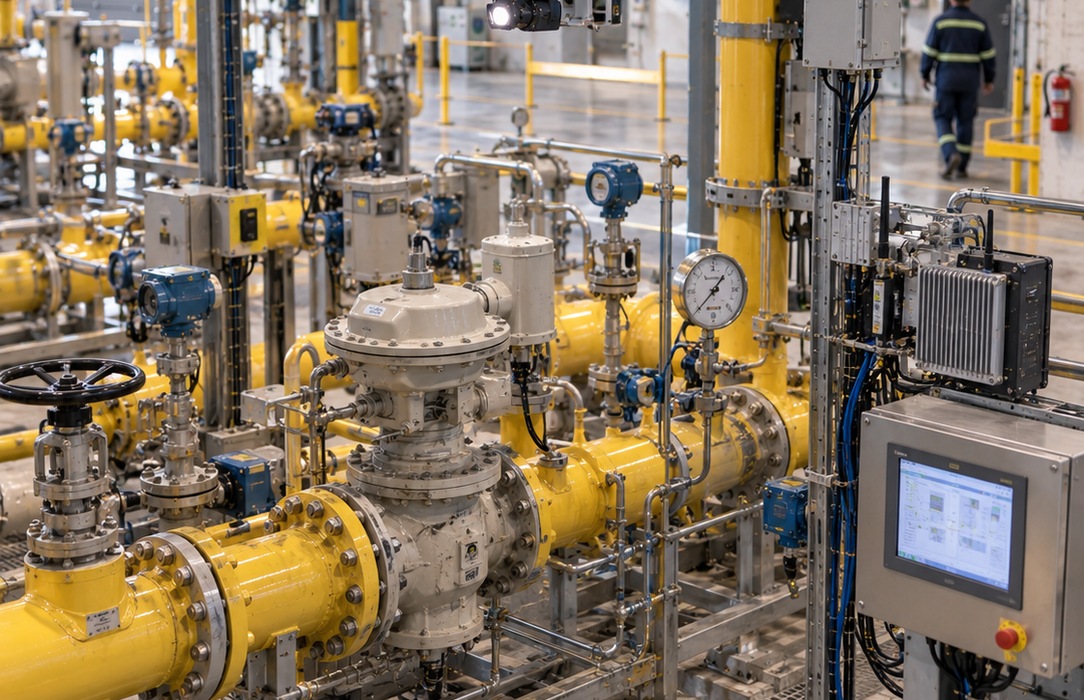 Industrial gas regulation facility with multiple pipe sections, valves, gauges and control equipment, illustrating varied asset conditions that fixed inspection cycles must address.