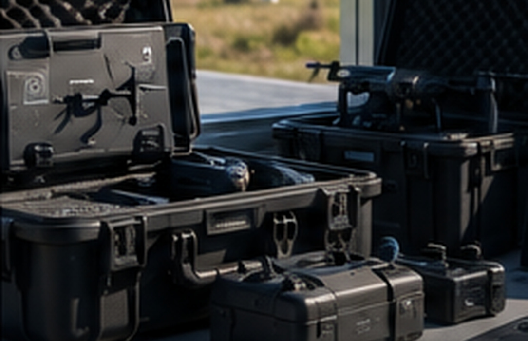 Multiple rugged inspection cases, cameras and field devices arranged in a temporary wind farm workspace, illustrating fragmented evidence sources.