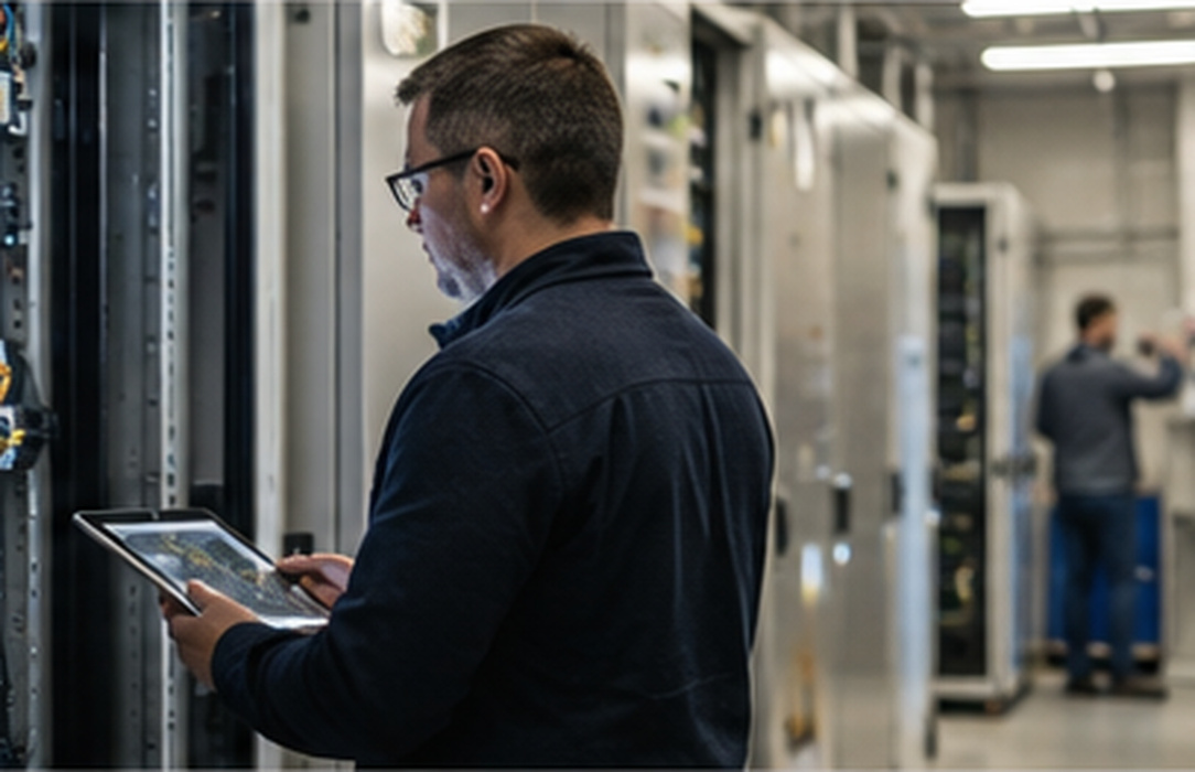Technology specialist working beside multiple server racks in a renewable operations environment, reflecting a heterogeneous production-systems landscape.
