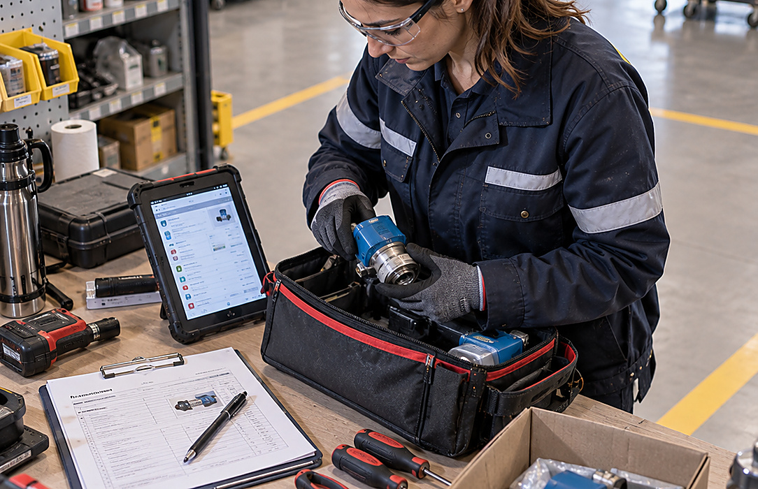 Maintenance technician prepares tools, a rugged tablet and printed work instructions at a utility service bench before field work.