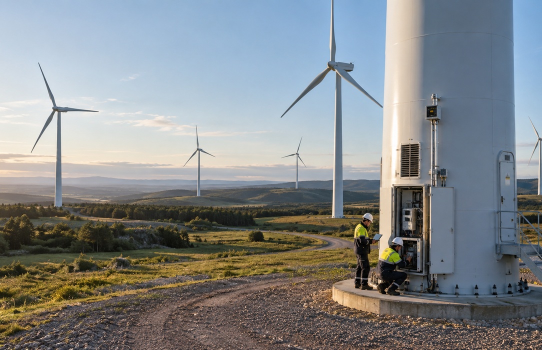 Wind-farm technicians working at the base of a turbine, illustrating the distance and viewing limitations of ground-based blade inspection.