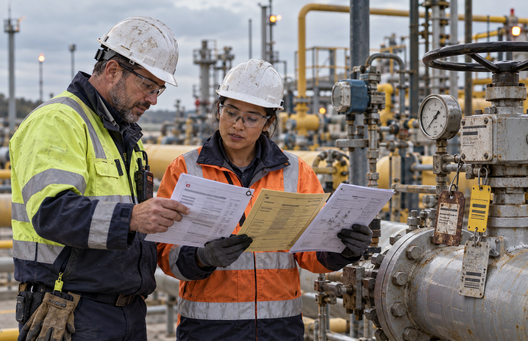 Two gas infrastructure technicians compare different maintenance work packs beside valves and metering equipment.