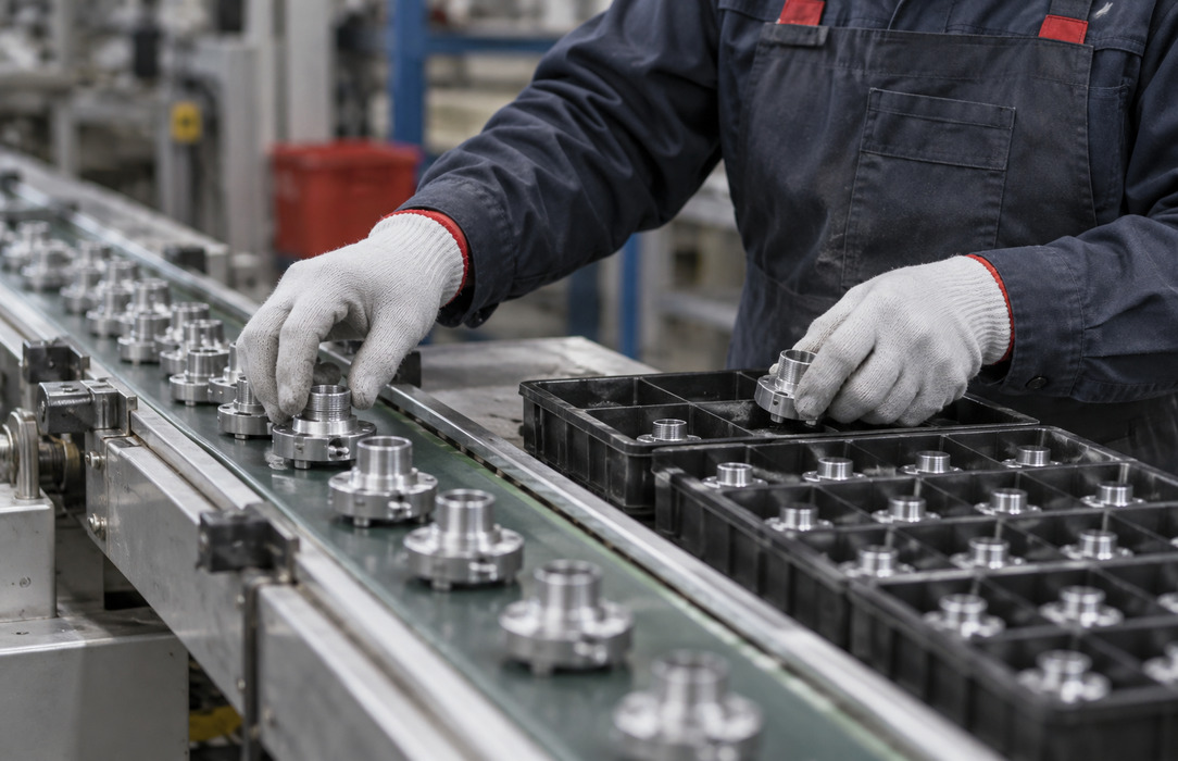 Gloved worker manually transfers machined metal components from a conveyor into trays in a manufacturing workstation.