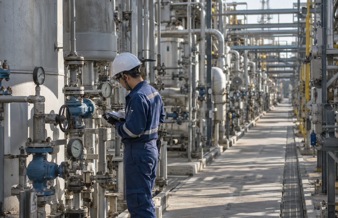Plant operator recording analog instrument readings along an extended pipe corridor in a chemical processing facility.