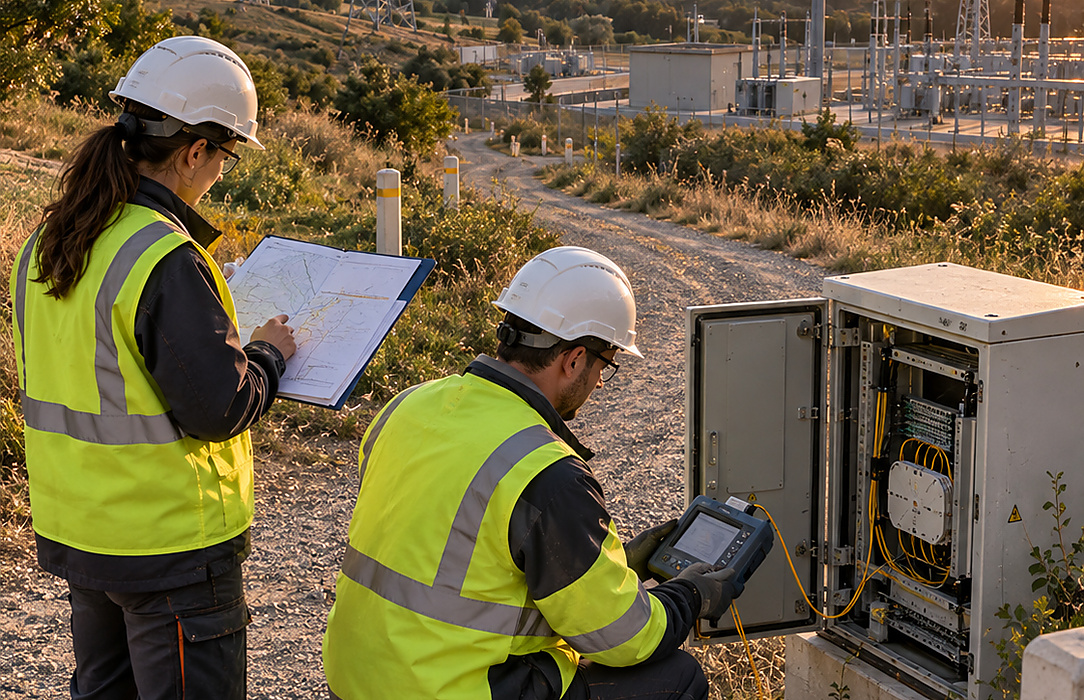 Two utility field technicians coordinate maps, test equipment and an open communications cabinet beside a high-voltage substation