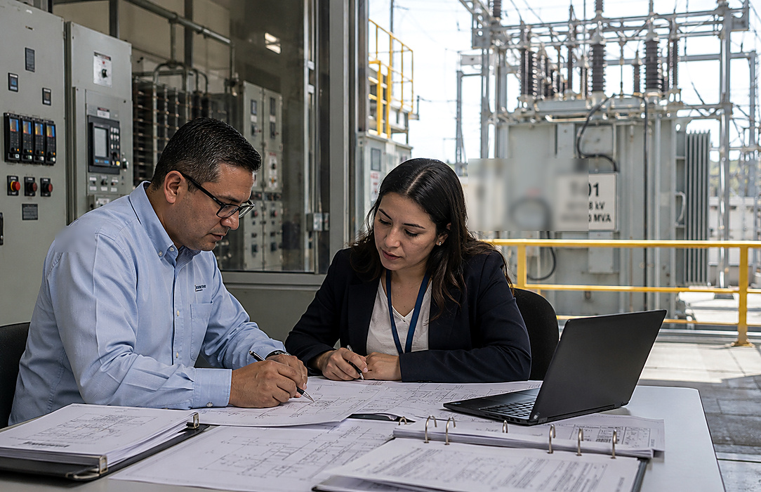 Two utility professionals reviewing paper diagrams, binders and a laptop inside a substation facility