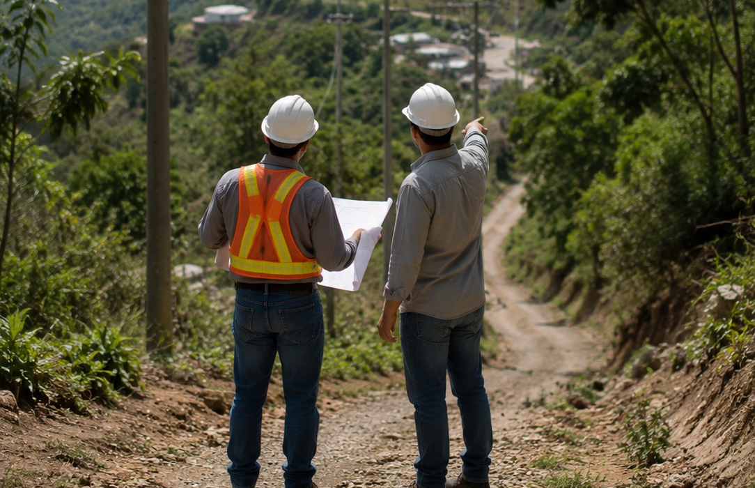 Two utility workers review a field map beside a rural distribution corridor, with power lines extending across a large vegetated valley.