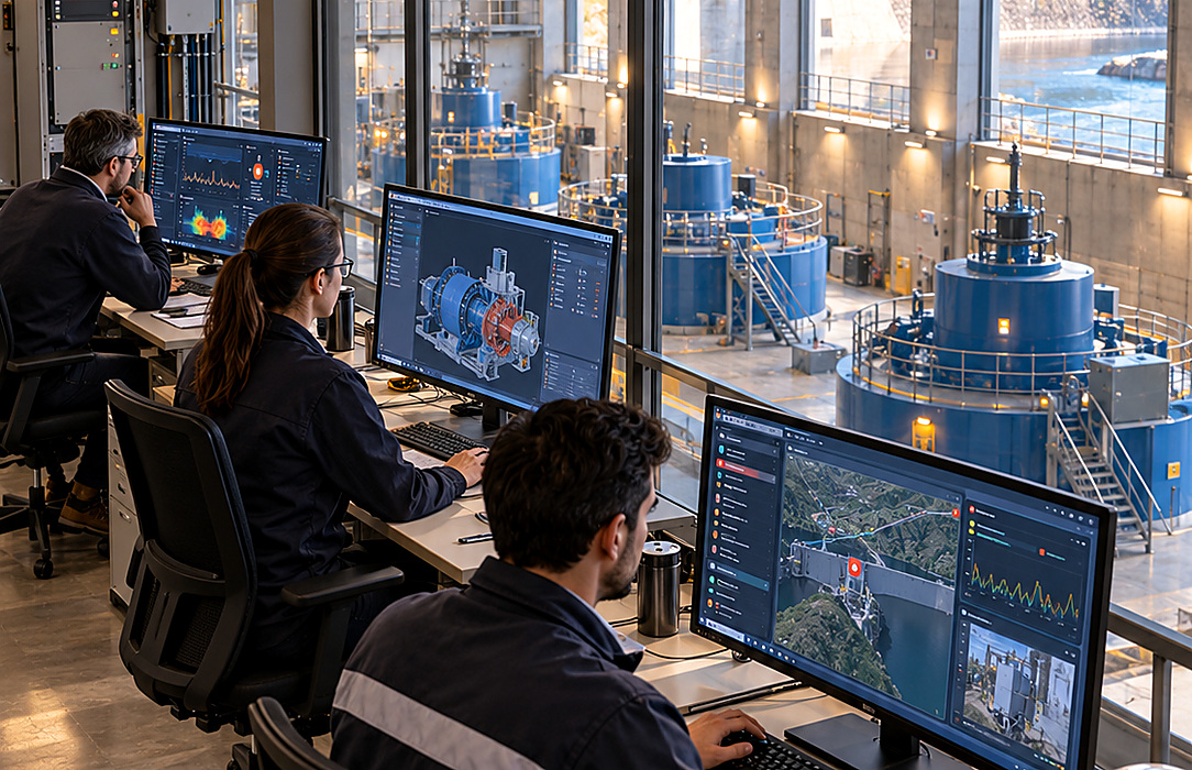 Renewable operations team reviewing SCADA dashboards from a control room overlooking large generation equipment.