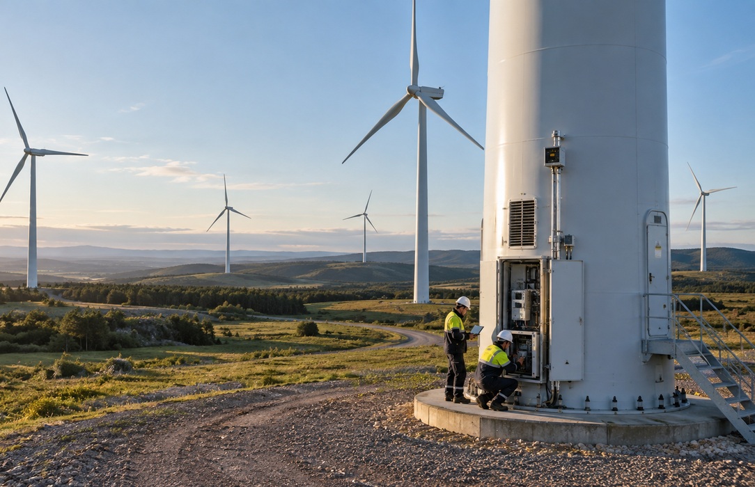 Two wind farm technicians working at the base of an operating wind turbine in a remote service area, illustrating the travel and asset access required for field familiarization.