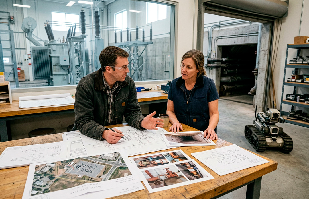Utility engineers comparing inspection areas and asset conditions while prioritizing where robotics could be applied first.
