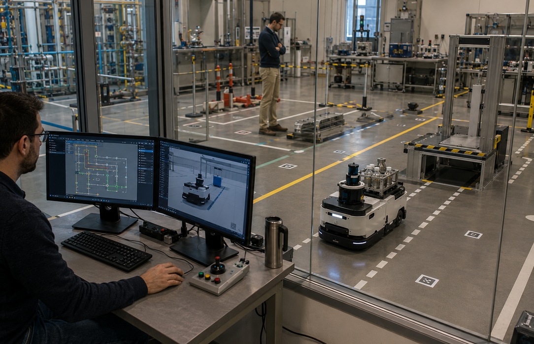 Engineer monitoring a mobile robot in an industrial robotics test facility with marked test routes and energy-sector equipment.