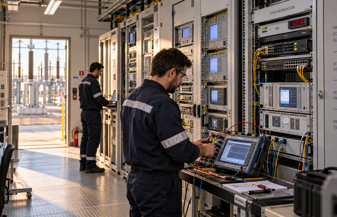 Substation protection technician validating electrical and communications equipment while maintaining the operational context of the digital substation.
