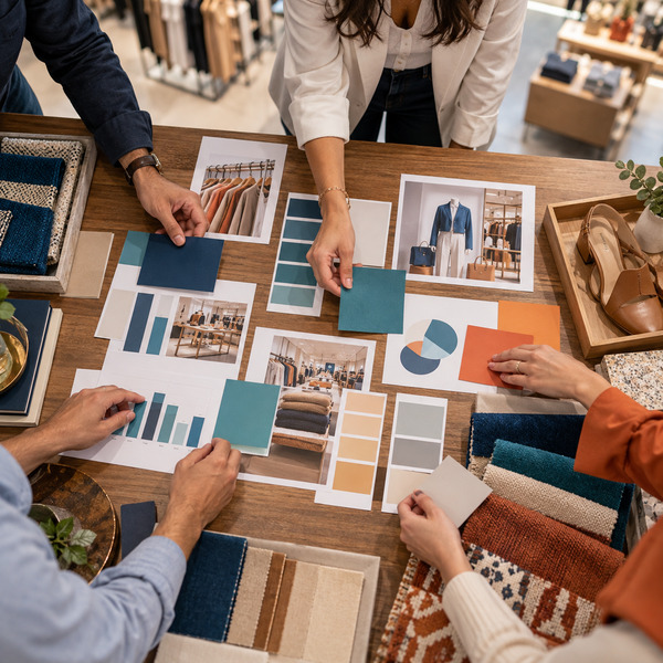 Hands arranging data charts, color samples and retail planning materials on a merchandising table.