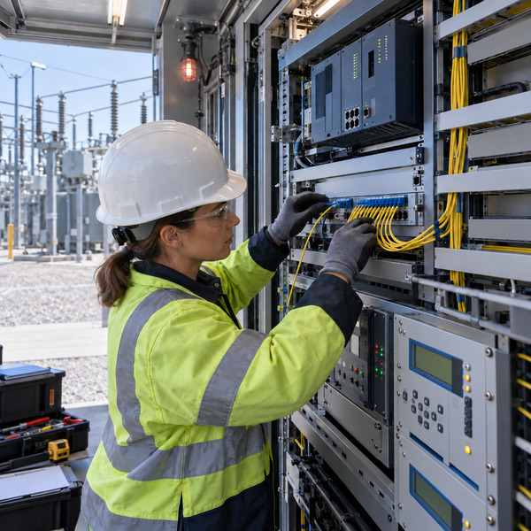 A utility communications technician connects fibre inside a substation relay cabinet, with switchyard equipment visible beyond.