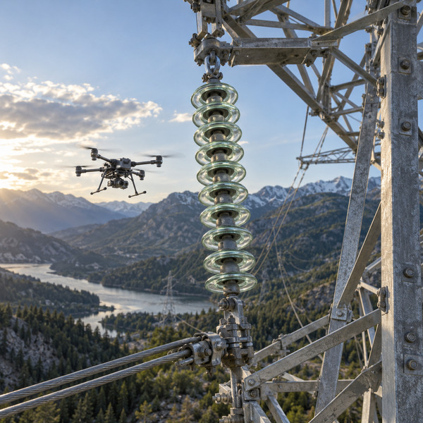 Autonomous drone inspecting an insulator assembly on a mountain transmission tower above a remote utility corridor.