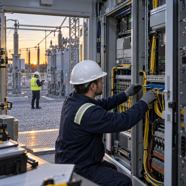 A utility engineer connects fiber and communications equipment inside a substation relay house while high-voltage infrastructure remains visible outside.
