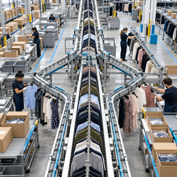 An automated garment conveyor divides clothing into multiple processing lanes inside a fashion fulfillment center.