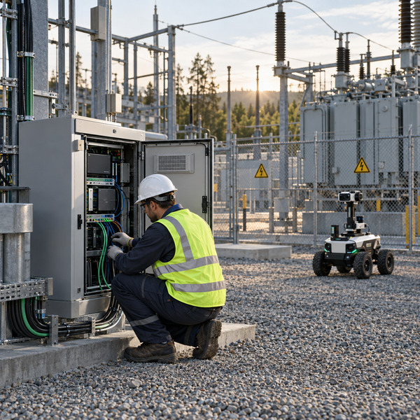 Industrial edge computing cabinet near a utility substation, supporting fast operational analytics close to the asset