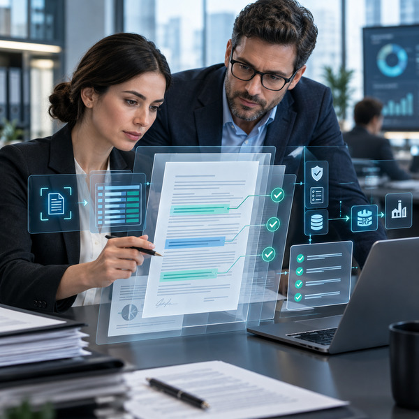 Two professionals reviewing an AI-assisted document analysis process that extracts key information, validates requirements, and supports compliance and business decision-making.