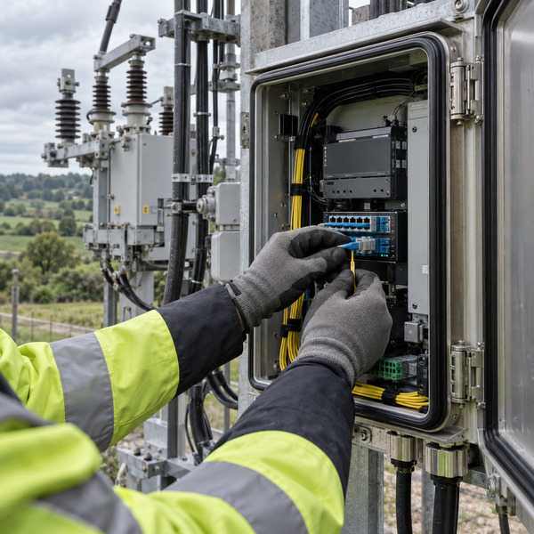 Field technician connects communications equipment inside a cabinet beside utility distribution switchgear.