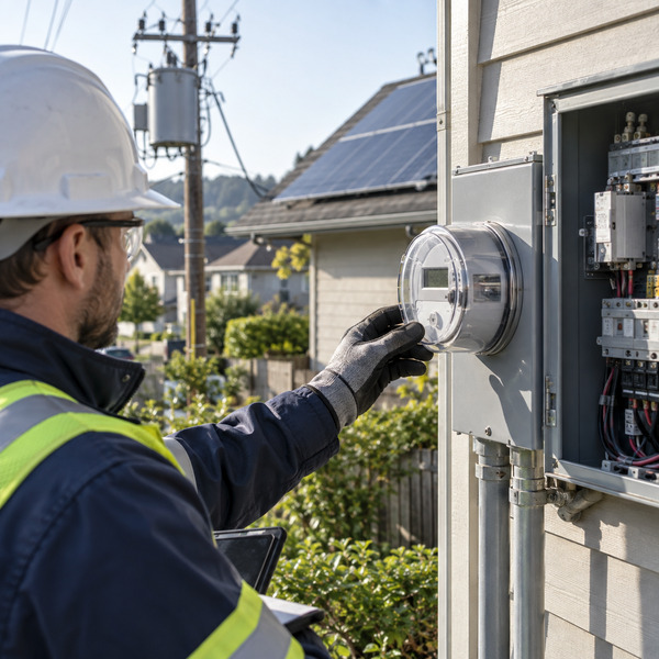 Close view of a utility engineer checking a smart meter beside residential solar and local distribution equipment.