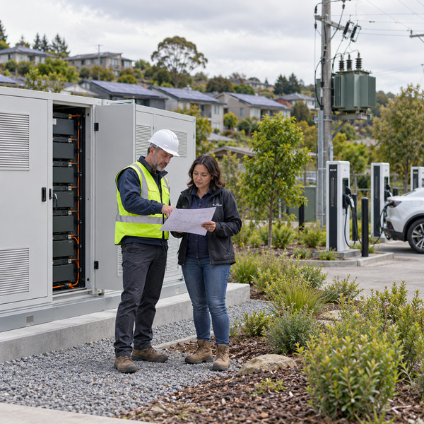 A utility representative and an energy partner review a site plan beside a community battery, rooftop solar, EV chargers and local distribution equipment.