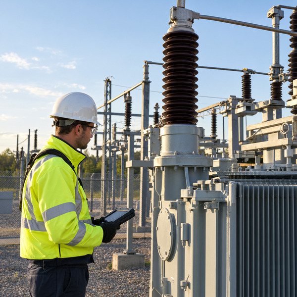 Field engineer inspecting high-voltage substation equipment while secure operational systems support the maintenance workflow in the background.