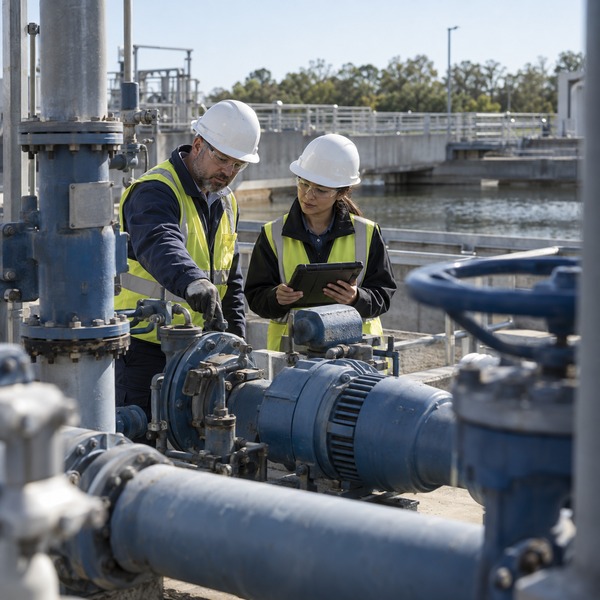 Two operations specialists review a water treatment pump and associated asset information beside industrial pipes and valves.