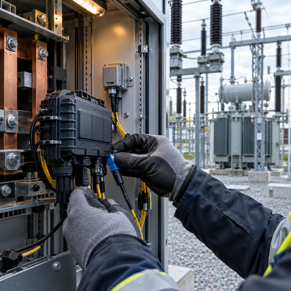 Gloved utility technician connecting a fibre and sensor junction inside a substation cabinet.