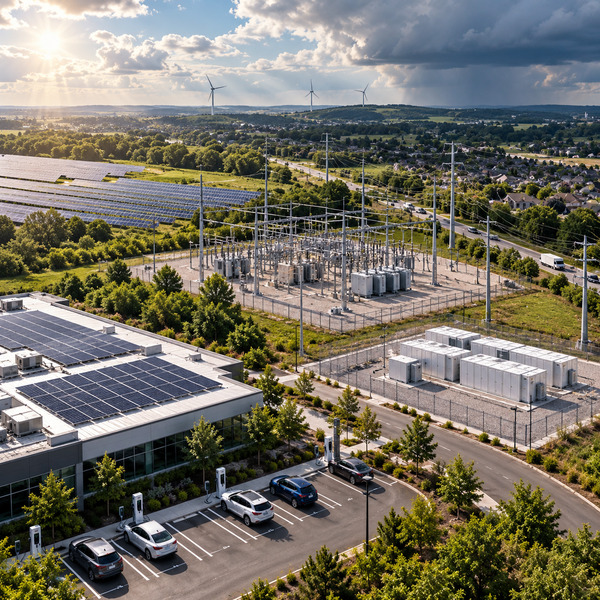 Aerial view of solar arrays, battery storage, electric vehicles and a substation across a connected utility landscape.