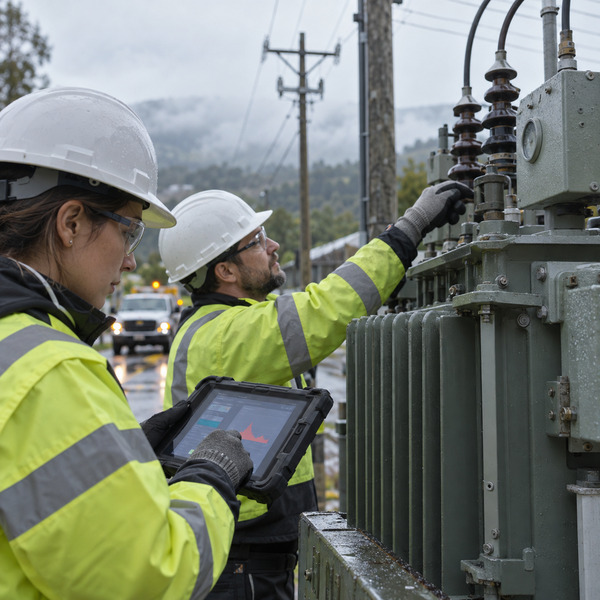 Engineers inspect transformer equipment with rugged technology supporting anomaly detection in an electricity distribution environment.