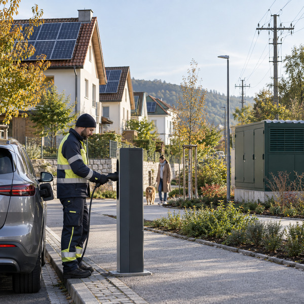 Community energy technician works beside rooftop solar and an electric vehicle charging point, representing connected customer and partner services.