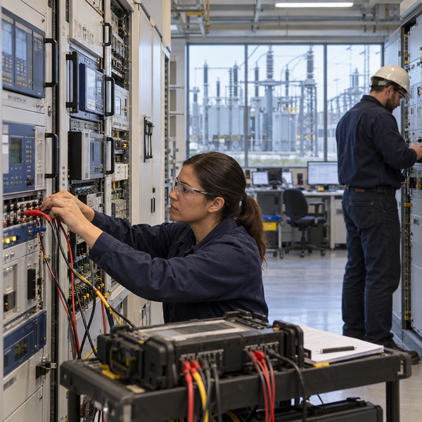 Utility engineers commission protection and communications equipment across legacy and modern relay panels in a grid testing environment.
