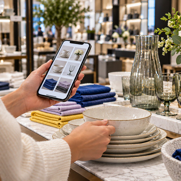 A shopper uses a smartphone beside a premium tableware display in a luxury department store.