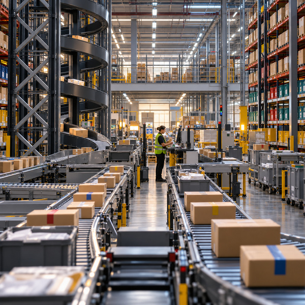 Automated retail fulfillment hub routes packed orders through conveyors and organized shelving.