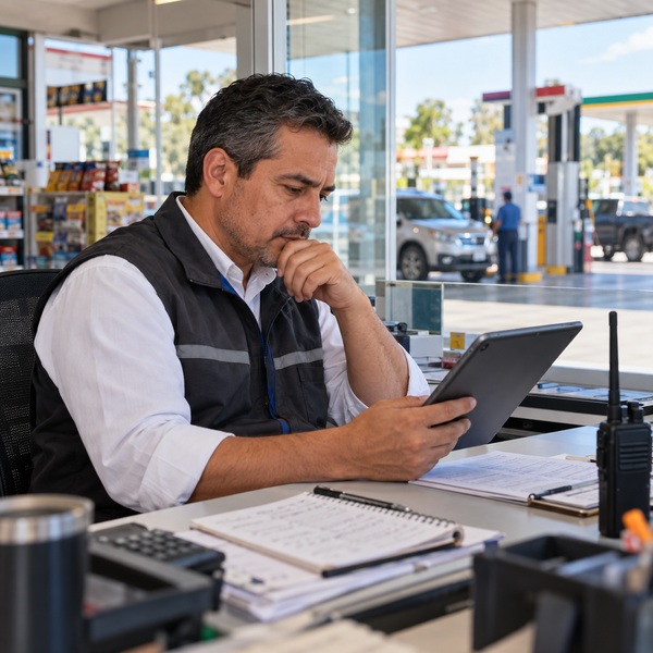 Station manager reviews a tablet in a back office while fuel operations continue outside.